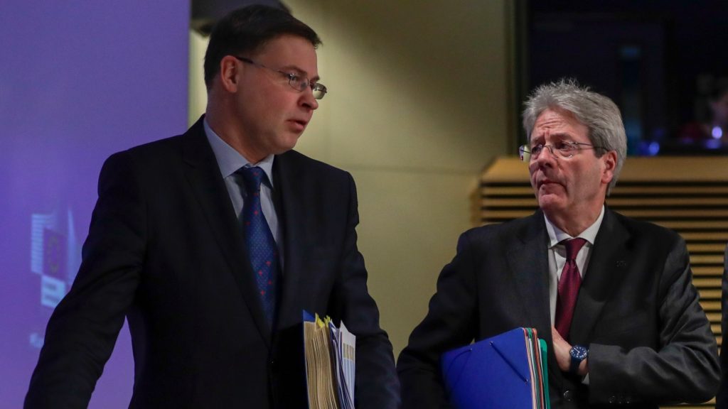 epa08248939 (L-R) European Commissioners both in charge of Economy Valdis Dombrovskis and Paolo Gentiloni and European Commissioner in Charge of Jobs, Nicolas Schmit during a press briefing to present results of the European Semester Winter package in Brussels, Belgium, 26 February 2020. The Commission has published today reports analysing each member state’s key socio-economic challenges.  EPA-EFE/OLIVIER HOSLET