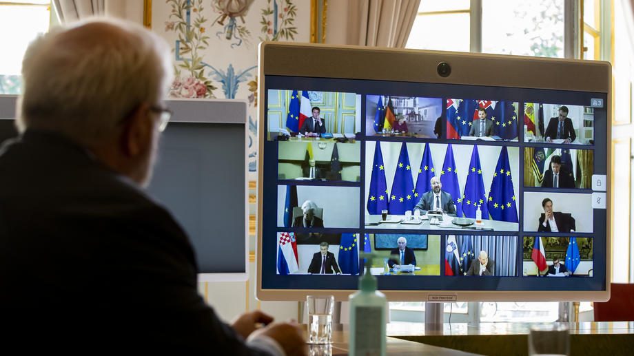 French President Macron European council video conference