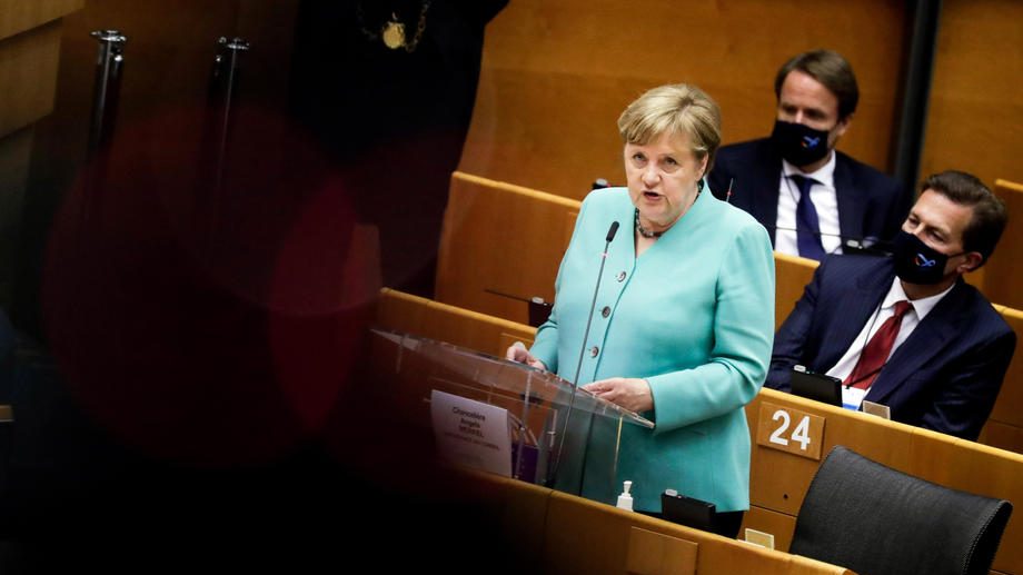 German Chancellor Angela Merkel attends a plenary session at the European Parliament in Brussels