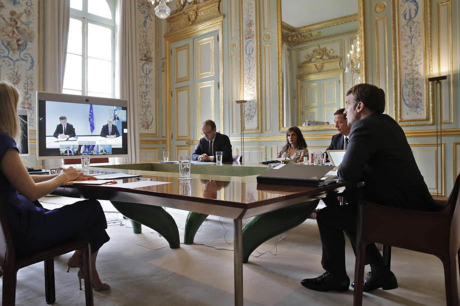 French President Macron attends video conference with Kosovo Prime Minister Hoti, Serbian President Vucic and German Chancellor Merkel