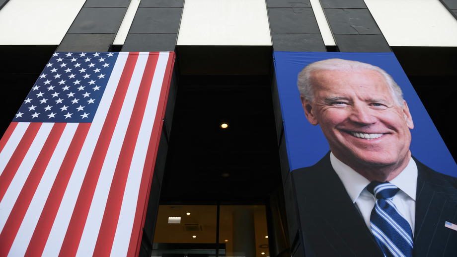 Poster of US President-elect Biden and Vice President-elect Harris in Poznan