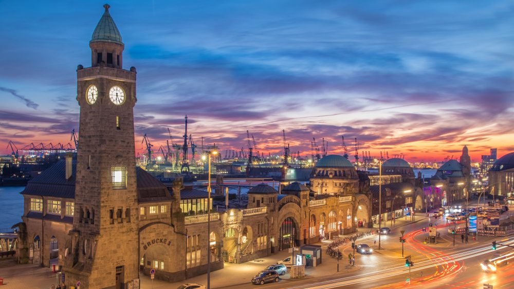 Hamburg,St.,Pauli,Piers,,Harbour,After,Sunset,,Germany