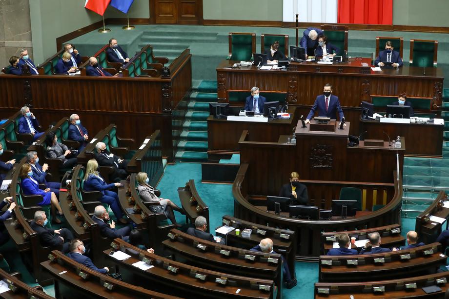 Polish Prime Minister Mateusz Morawiecki delivers a speech on UE budget