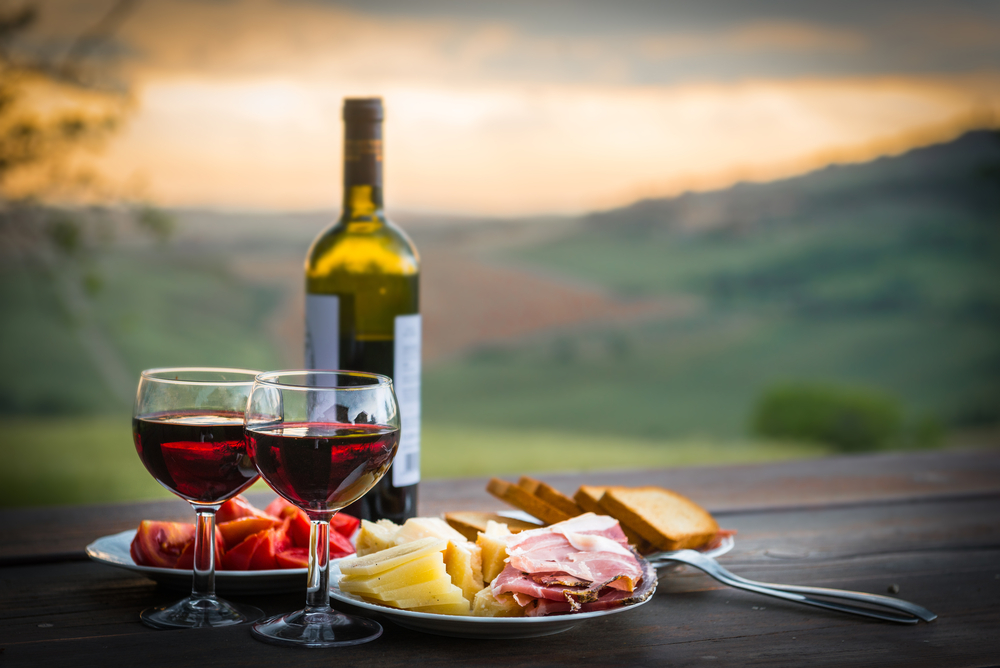 Still,Life,Red,Wine,,cheese,And,Prosciutto.,Romantic,Dinner,Outdoors