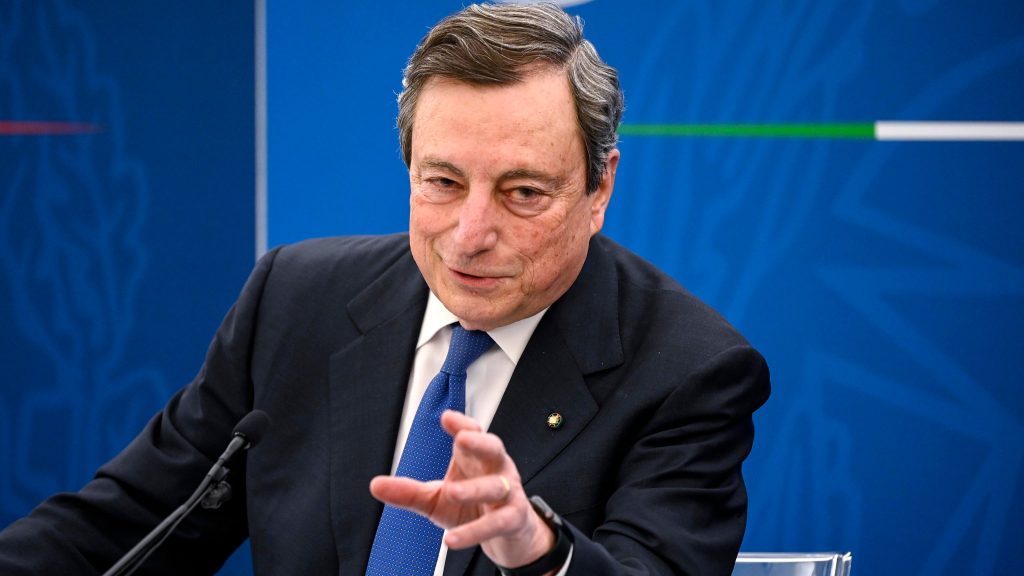 epa09122713 Italian Prime Minister Mario Draghi attends a press conference on plan to fight Coronavirus Covid-19 pandemic, Rome, Italy, 08 April 2021.  EPA-EFE/RICCARDO ANTIMIANI