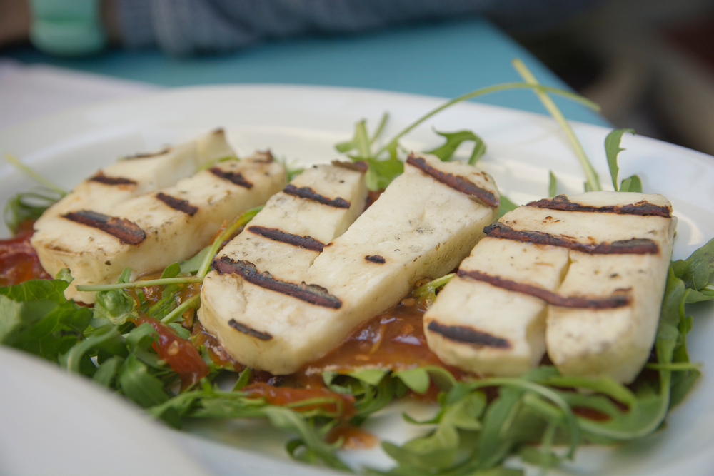 Three,Roasted,Slices,Of,Greek,Halloumi,Cheese,,A,Semi-hard,,Unripened,