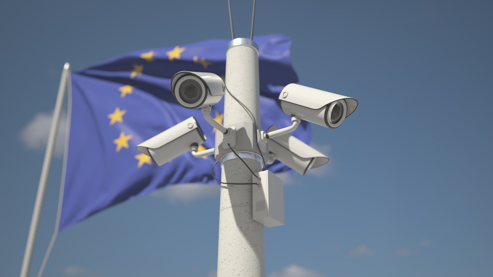 Outdoor,Security,Cameras,Near,Flag,Of,The,Eu.,Looping,Animation