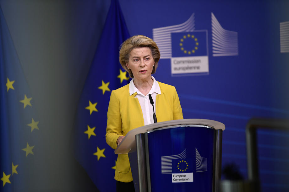 Ursula von der Leyen delivers a statement after a college meeting at the EU headquarters