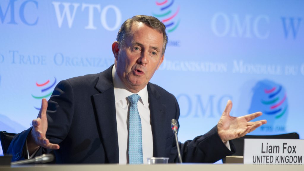 epa08551756 Candidate for Director General of the World Trade Organization (WTO), Liam Fox from United Kingdom, speaks during the press conferences of candidates for the WTO Director-General selection process, at the headquarters of the World Trade Organization (WTO) in Geneva, Switzerland, 17 July 2020.  EPA-EFE/SALVATORE DI NOLFI