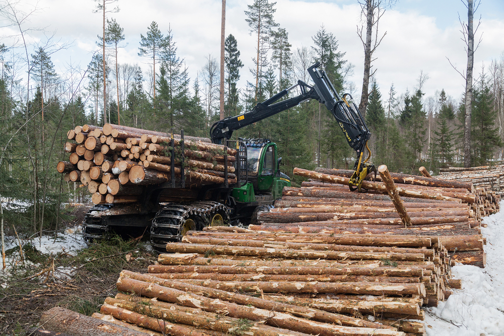 Industrial,Harvester,In,Snowy,Forest,Gathering,Logs