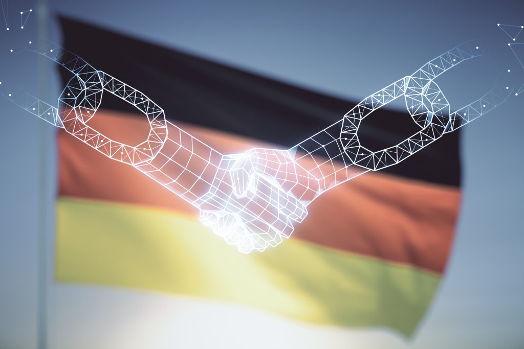 Abstract,Virtual,Blockchain,Technology,Hologram,With,Handshake,On,Flag,Of