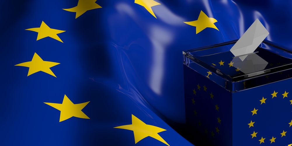 3d,Rendering,Glass,Ballot,Box,On,Eu,Flag,Background