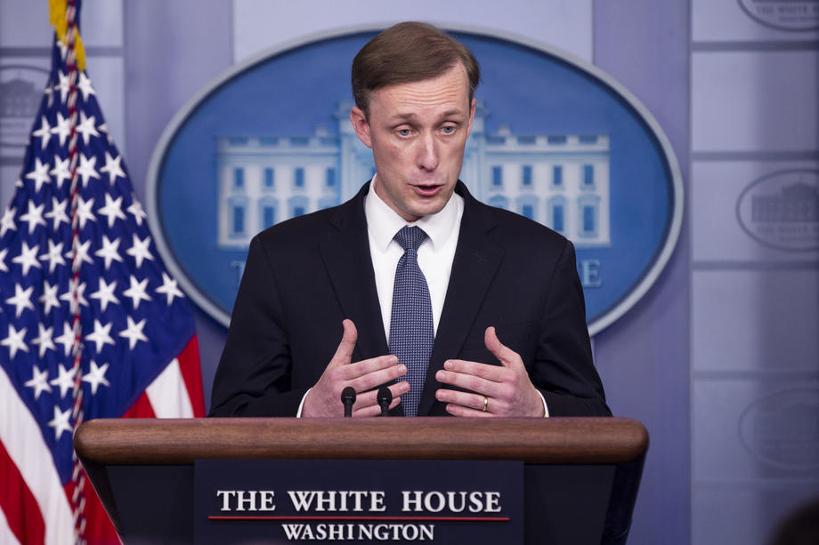 United States National Security Advisor Jake Sullivan and White House Press Secretary Jen Psaki hold a news briefing in the James Brady Press Briefing Room