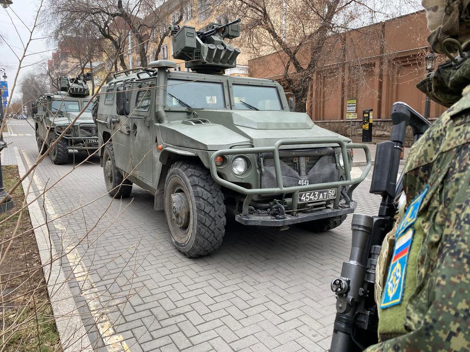 The collective peacekeeping forces of the Collective Security Treaty Organization (CSTO) guard in Almaty