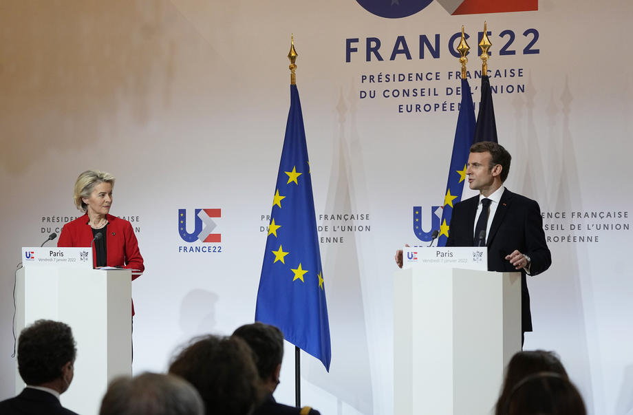 French President Macron and European Commission President von der Leyen press conference after a meeting at the Elysee