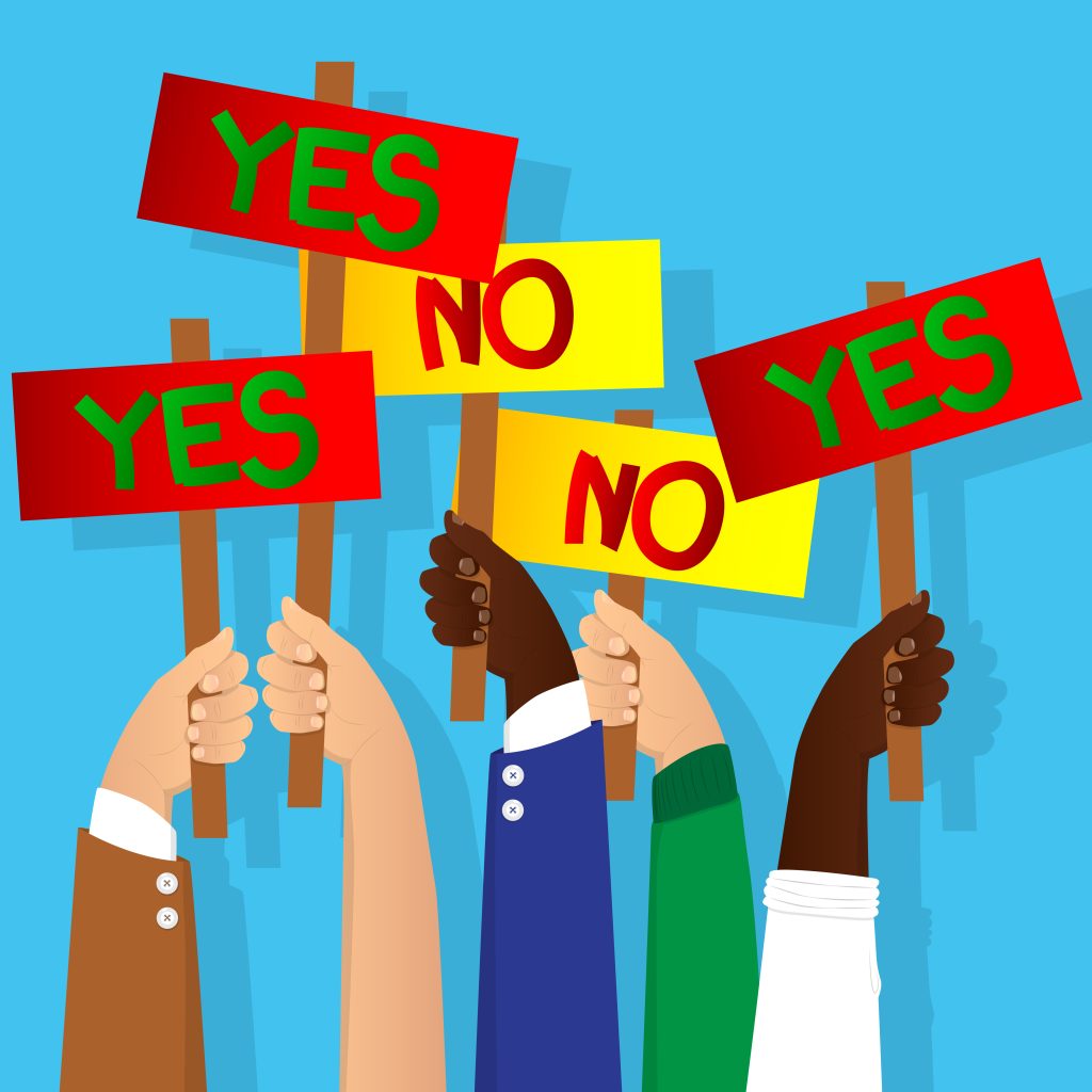 Vector,Illustrated,Cartoon,Hands,Holding,Yes,And,No,Vote,Signs.