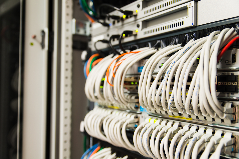 High,Technology,Business,Digital,Communication,Data,Center,Router,With,Plugged