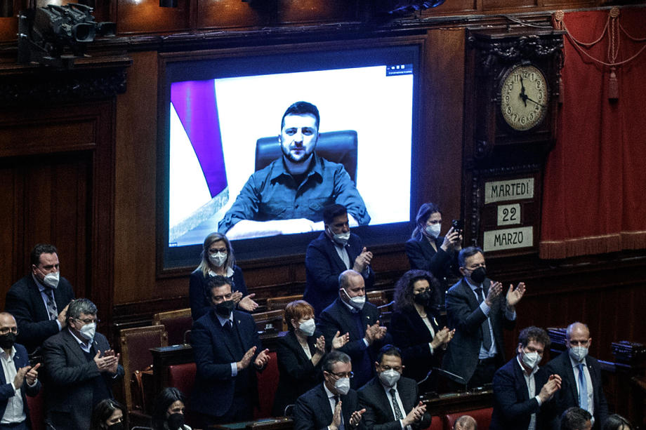 Ukrainian President Zelensky addresses members of the Italian Parliament