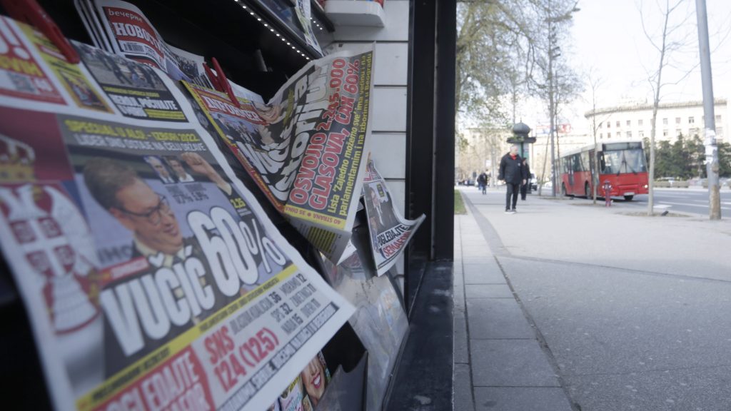epa09870102 Front pages of daily newspapers in Serbia show Serbian President Aleksandar Vucic celebrating election victory in Belgrade, Serbia, 04 April 2022. Unofficial results of the general elections held in Serbia on 03 April 2022 show Vucic and his Serbian Progressive party (SNS) as overall winners.  EPA-EFE/ANDREJ CUKIC