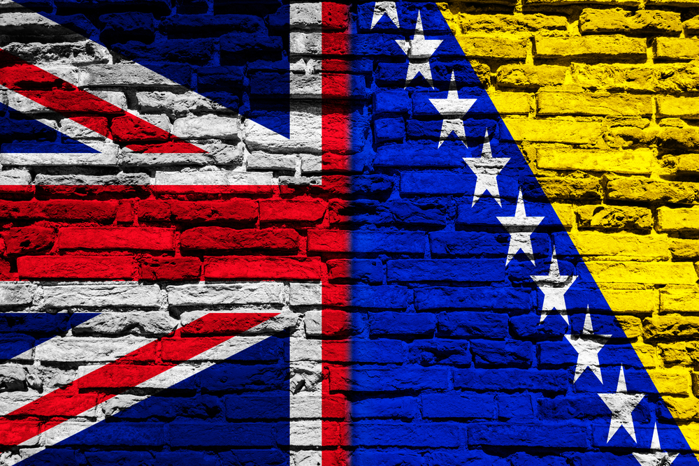 Flag,Of,United,Kingdom,And,Bosnia,On,Brick,Wall