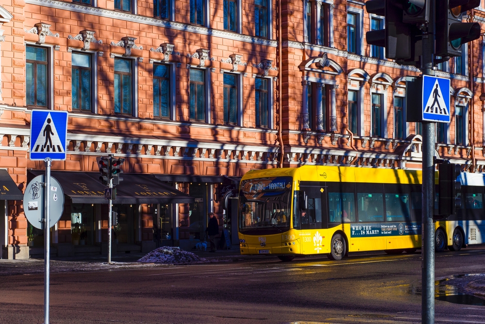 Turku,,Finland,-,2,26,2022:,Yellow,Public,Bus,In