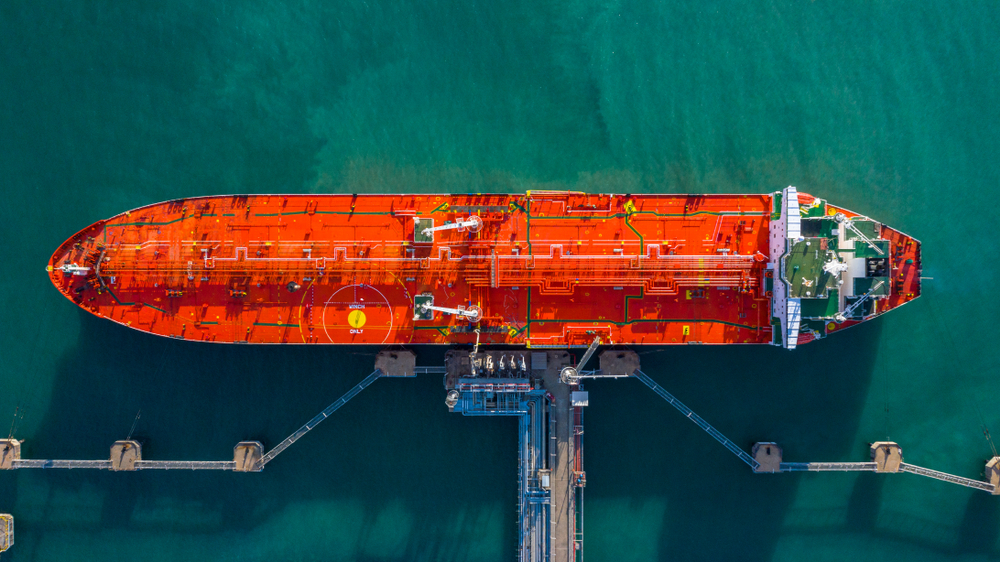 Aerial,View,Tanker,Ship,Vessel,Unloading,At,Port,,Business,Import
