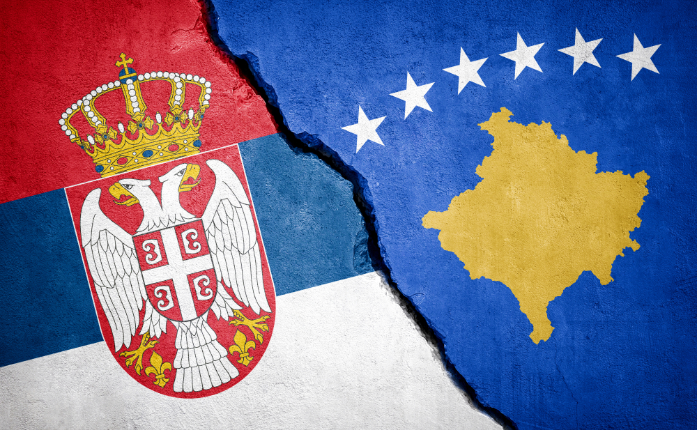 Serbia,And,Kosovo,Conflict.,Country,Flags,On,Broken,Wall.,Illustration.