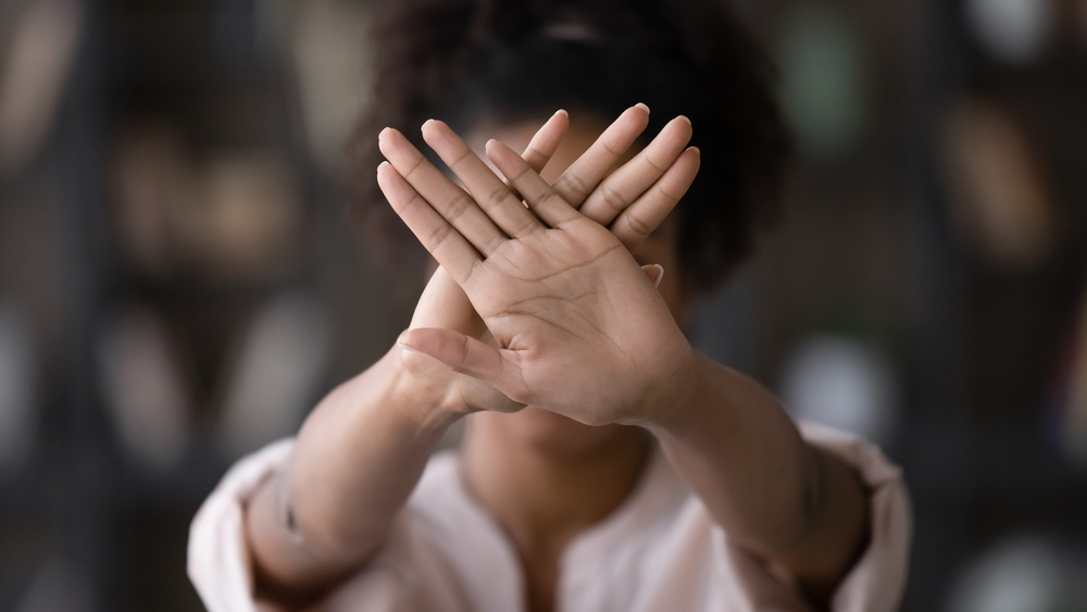 African,American,Young,Woman,Show,Stop,Or,No,Hand,Gesture