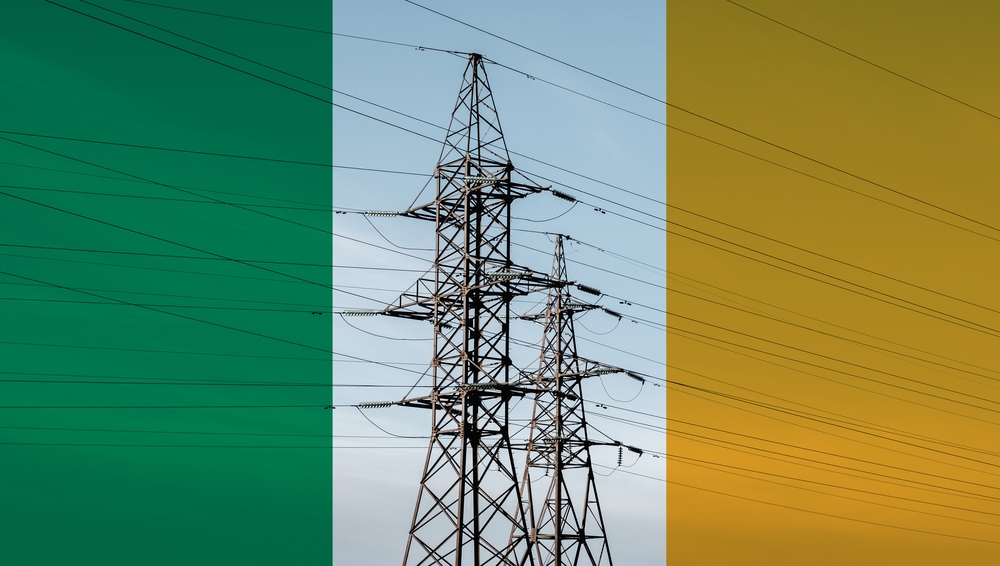 Irish,Flag,With,Electric,Tower,And,Lines.,Energy,Supply,In