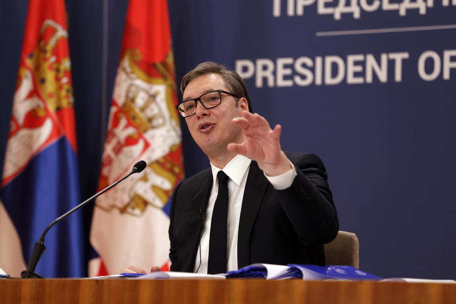 Serbian President Aleksandar Vucic holds a press conference