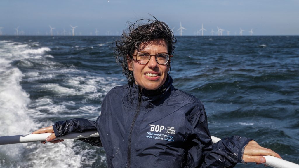 epa09945058 Belgian Energy Minister Tinne Van der Straeten during a visit to Wind farms in the Belgian part of the North Sea, Belgium, 13 May 2022. Belgium Prime minister is invited by Belgian Offshore Platform (BOP) non-profit association of investors and owners of wind farms. Offshore wind energy in the Belgian North Sea amounts today to an installed capacity of 2,262 MW. This can generate an average of 8 TWh of green electricity per year, which is about 10 per cent of the total electricity demand in Belgium. Installed offshore wind capacity in Belgium ranks sixth in the world and second in terms of capacity per inhabitant. By 2030, the offshore wind capacity in the Belgian North Sea will be increased to 5.7 GW. Energy ministers from Germany, Belgium, and the Netherlands, as well as the European Commissioner for Energy, will meet at the North Sea Summit in Esbjerg on 18 May to discuss how to accelerate the buildout of renewable energy in the North Sea.  EPA-EFE/OLIVIER HOSLET