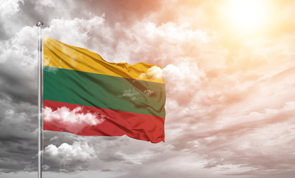 Lithuania,National,Flag,Cloth,Fabric,On,Cloud,Background.