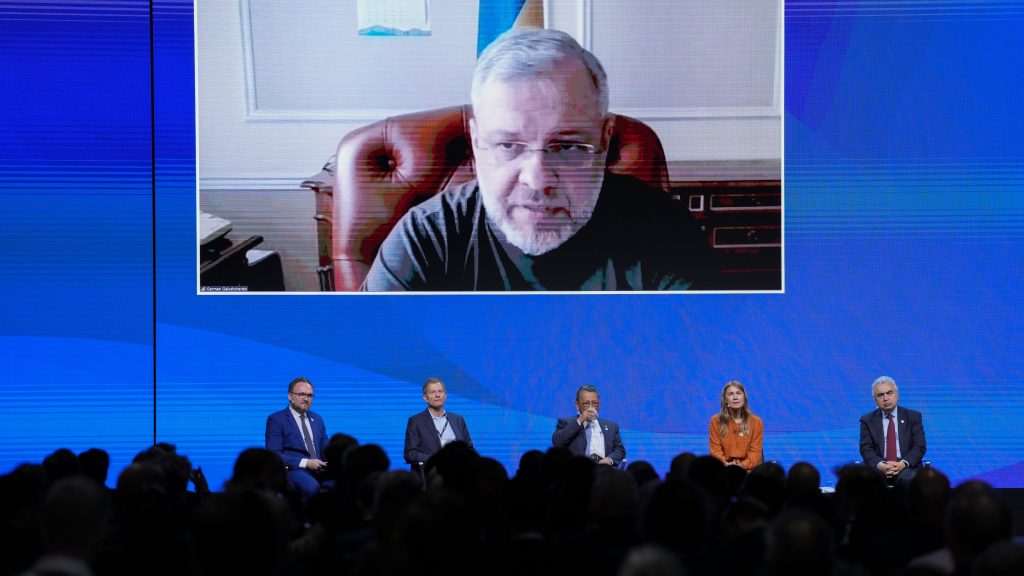 epa10001802 Ukraine’s Minister of Energy Galushchenko German (top, on screen) speaks during the International Energy Agency’s 7th Annual Global Conference on Energy Efficiency, in Soenderborg, Denmark, 08 June 2022. The conference takes place from 07 to 09 June.  EPA-EFE/CLAUS FISKER  DENMARK OUT
