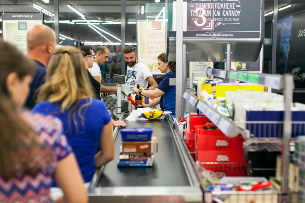 Cyprus,,Protaras,,Supermarket,Lidl,-,12.10.2016:,Customers,Paying,For,Shopping