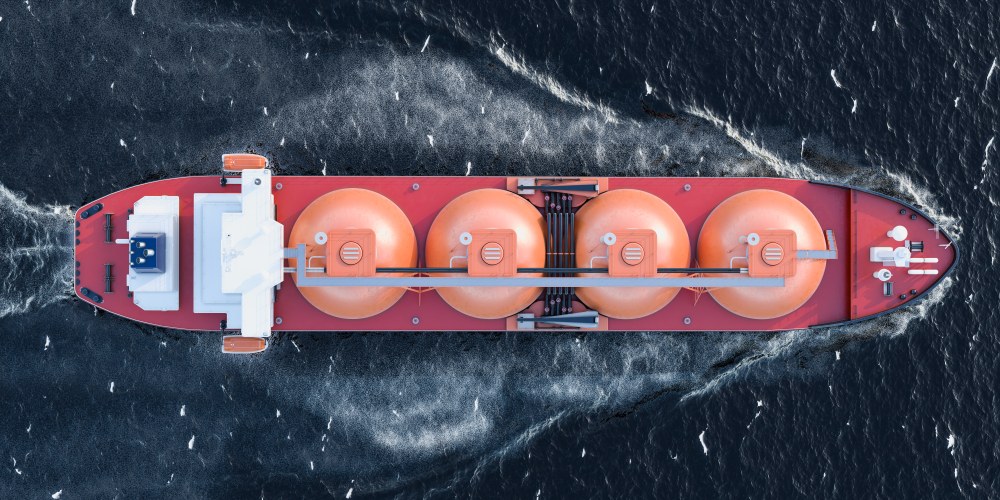 Gas,Tanker,Sailing,In,Ocean,,Top,View.,3d,Rendering