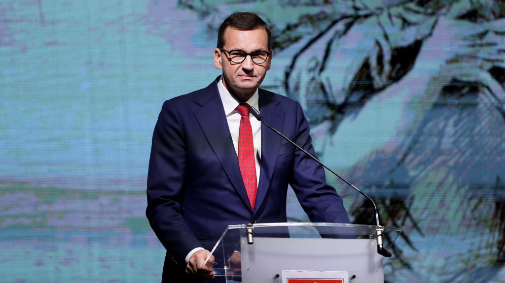epa10151465 Polish Prime Minister Mateusz Morawiecki speaks during a ceremony marking the 83rd anniversary of the beginning of World War II in Europe, in Wielun, Poland, 01 September 2022. Wielun was heavily bombed by the Luftwaffe on 01 September 1939 during Nazi Germany’s invasion of Poland. The Bombing of Wielun is considered to be the first World War II bombing in Europe. It killed at least 127 civilians, injured hundreds more and destroyed the majority of the town.  EPA-EFE/TOMASZ WIKTOR POLAND OUT