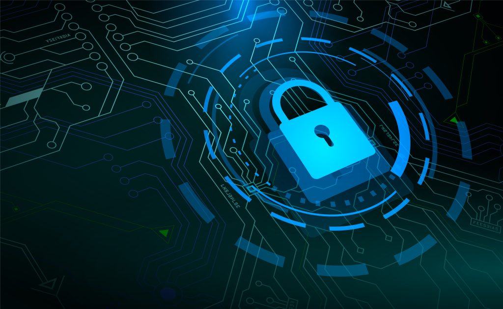 Access,Control,,Blue,Padlock,And,Hud,Circle,Elements,On,Microchip