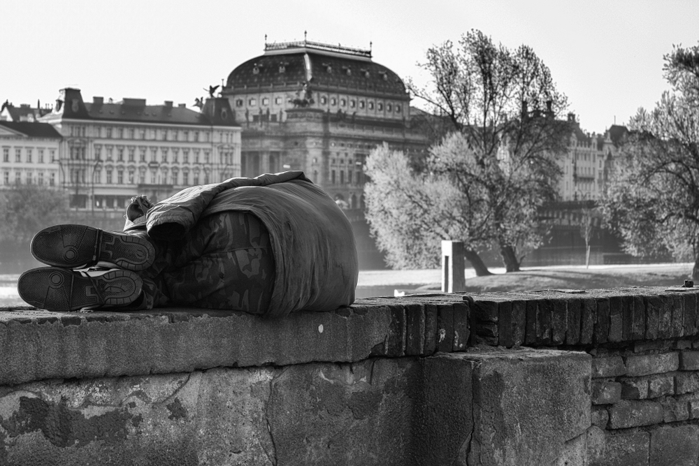 Homeless,Guy,In,Contrast,With,Wealth,Or,Fortune.,National,Theater.
