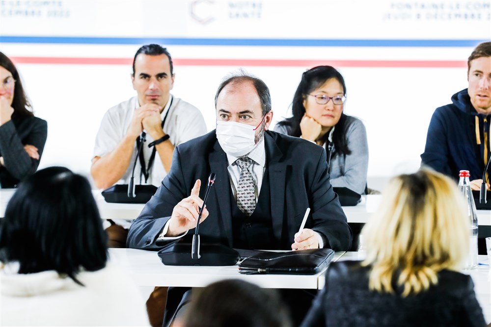 French president attends a territorial session of the National Council for Refoundation on health (CNR) in Fontaine-le-Comte.