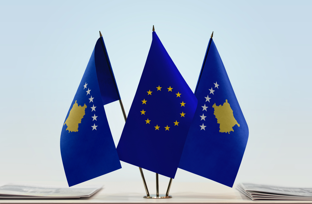 Two,Flags,Of,Kosovo,And,European,Union,Flag,Between