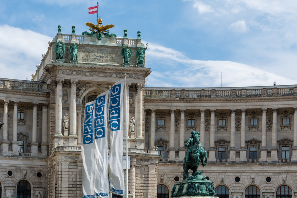 Vienna,,Austria,-,07092021:,Flags,Of,The,Osce,Against,The