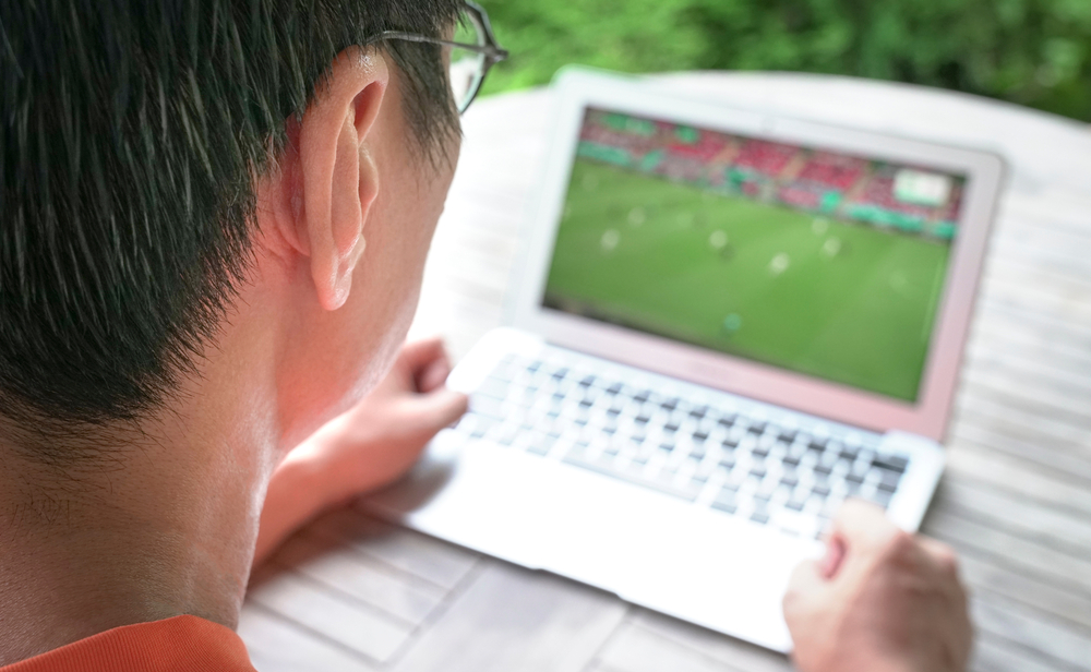 Man,Watch,Football,Sport,On,Computer,Laptop.,Stay,At,Home.