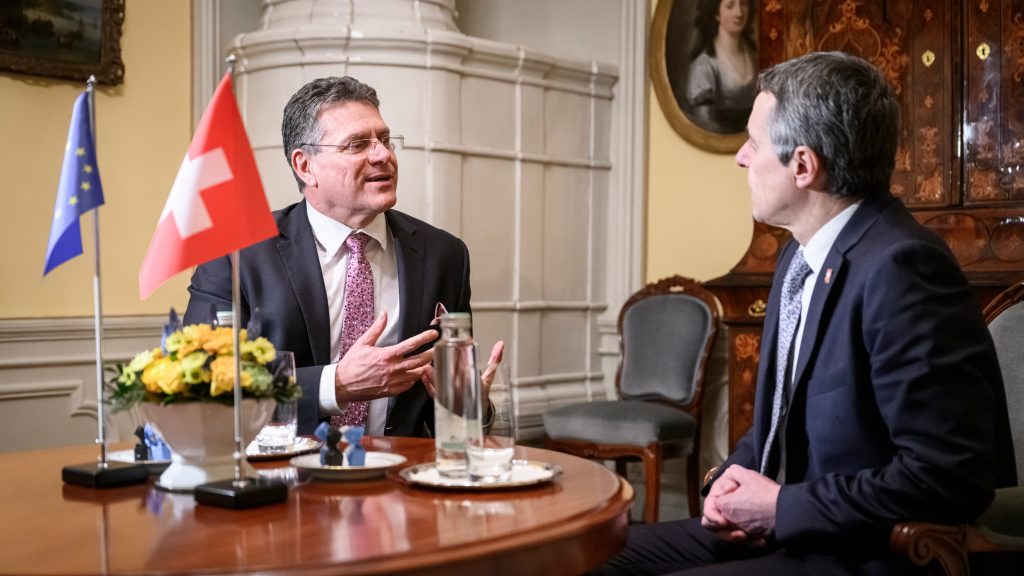StyleEuropean Commission’s Vice President Maros Sefcovic and Switzerland’s Federal Councillor Ignazio Cassis pictured during a meeting while two-day state visit in Swiss capital Bern, on March 15, 2022.