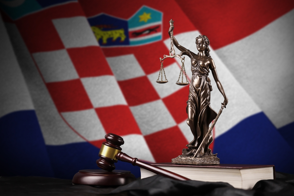 Croatia,Flag,With,Statue,Of,Lady,Justice,,Constitution,And,Judge