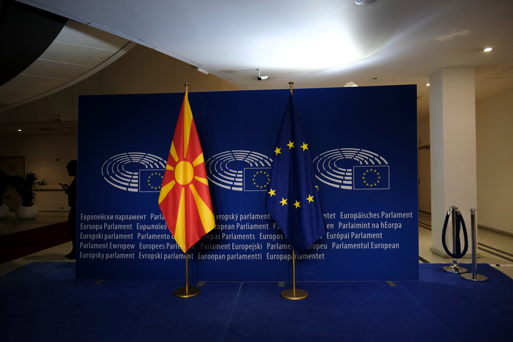 European,Union,Flag,And,Flag,Of,North,Macedonia,In,The
