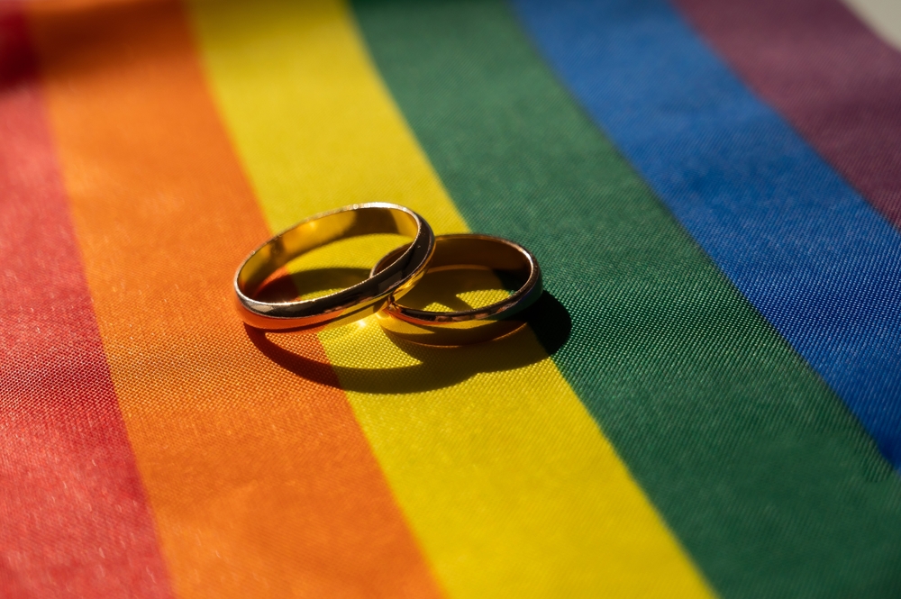 Legalization,Of,Same-sex,Marriages.,Rainbow,Flag,And,Wedding,Rings.