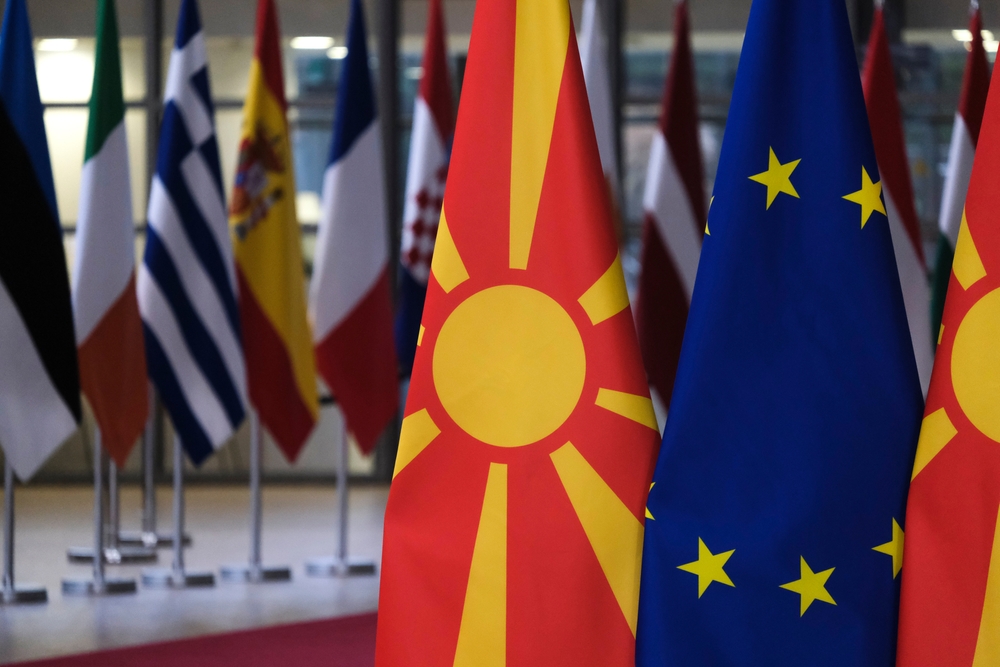 European,Union,Flag,And,Flag,Of,North,Macedonia,In,The
