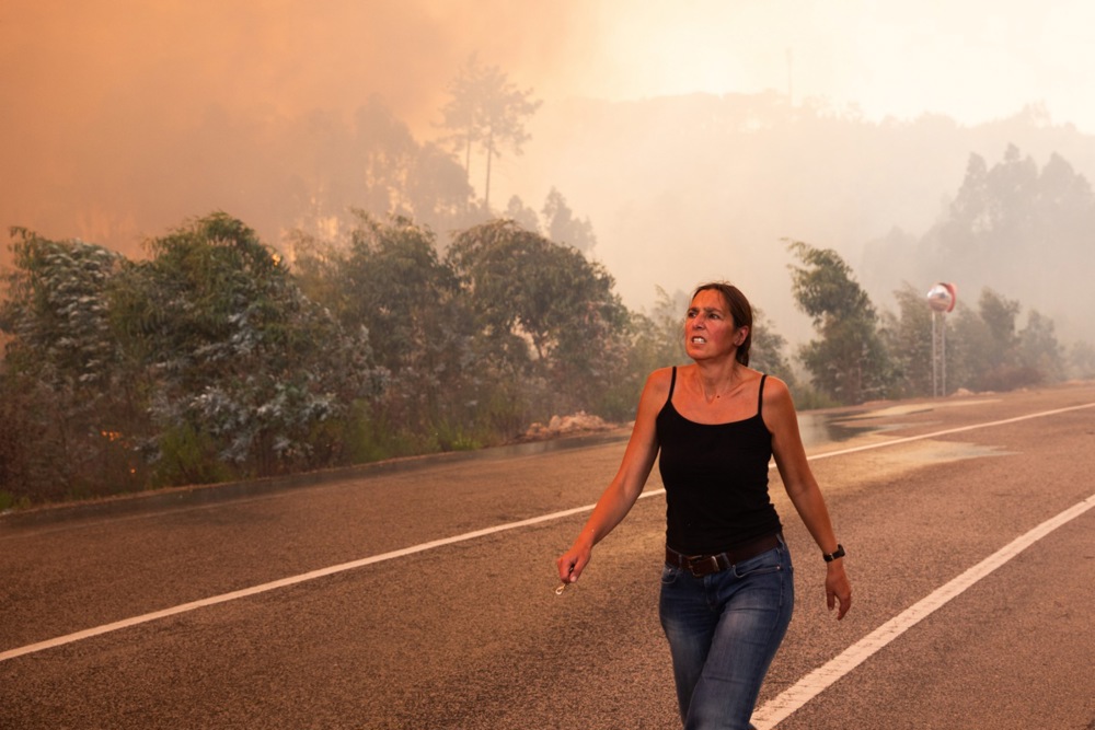 forest fire cuts A1 highway in Leiria, Portugal