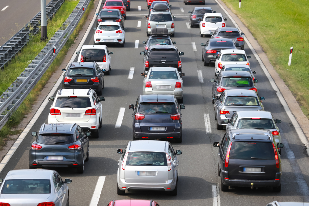Rear,View,Of,Traffic,Jam,Of,Lined,Up,Cars,Stuck