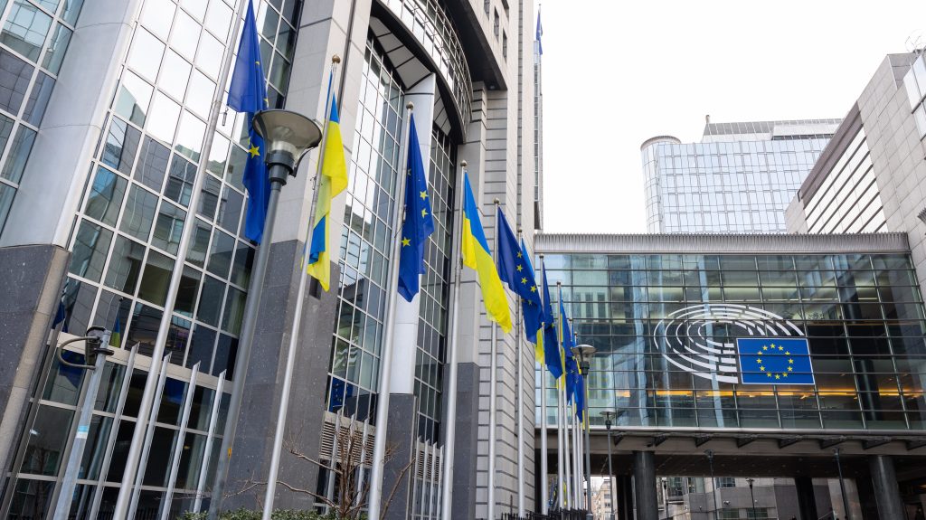 One year anniversary of the Russian aggression against Ukraine – Raising of the Ukrainian flags outside the EP building in Brussels